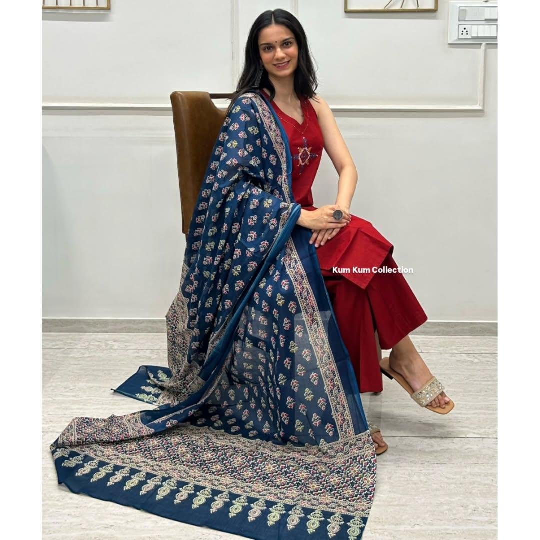 Handloom A-Line Kurti Palazzo Set with Linen Dupatta